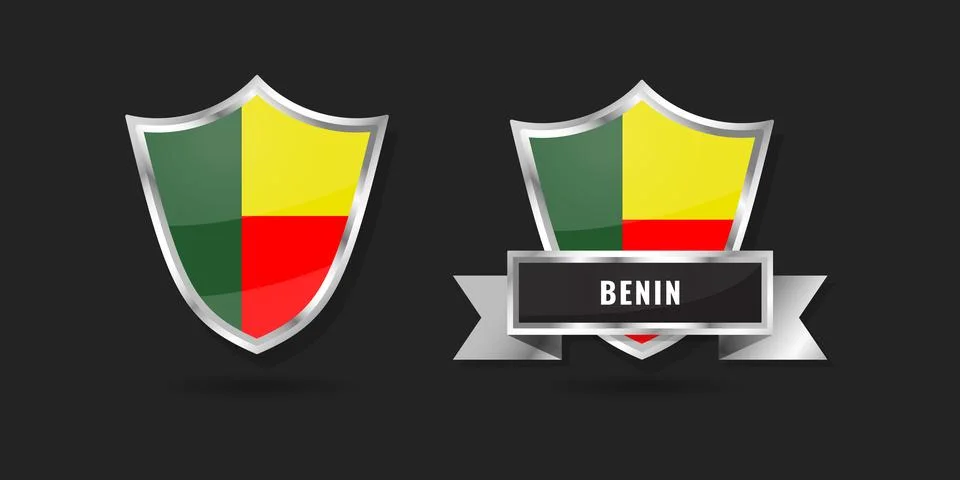Benin Flag Shield Emblem Set, Republic of Benin Glossy Silver Badges with R.. Stock Illustration