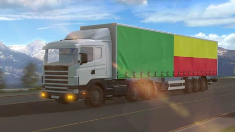 Benin flag shown on the side of a large truck Stock Footage 122095837