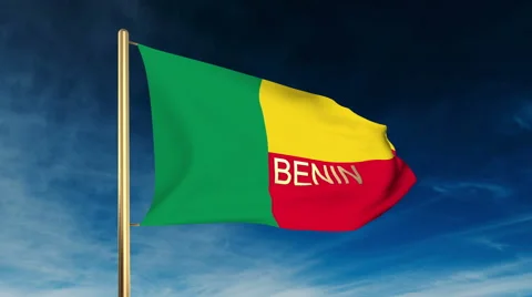 Benin flag slider style with title. Waving in the wind with cloud background Stock Footage 48811905