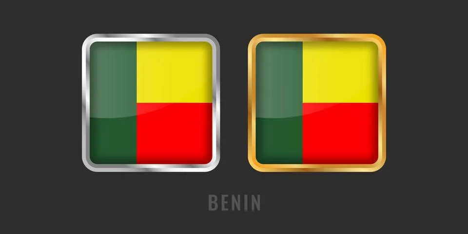 Benin Flag Square 3D Button Set in Gold and Silver Metallic Frames Stockillustratie