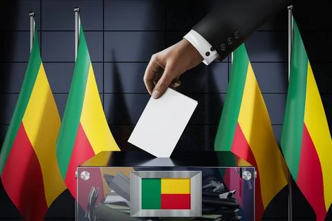 Benin flags, hand dropping ballot card into a box Ilustración de archivo