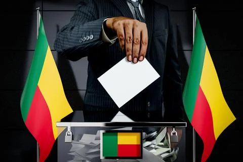 Benin flags, hand dropping voting card - election concept - 3D illustration Ilustración de archivo