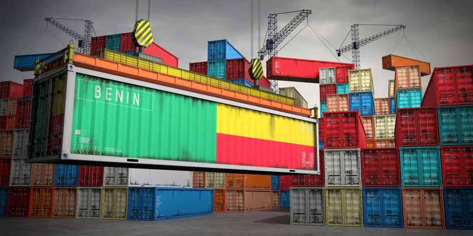 Benin - freight container in cargo terminal - 3D illustration Stock Illustration