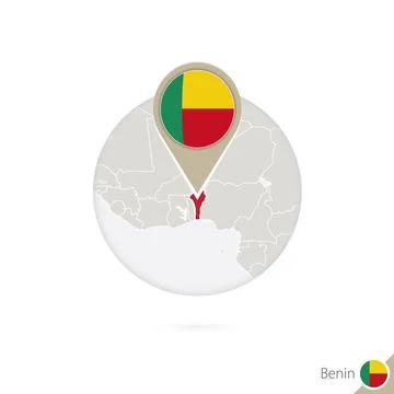 Benin map and flag in circle. Map of Benin, Benin flag pin. Map of Benin in.. Stock Illustration