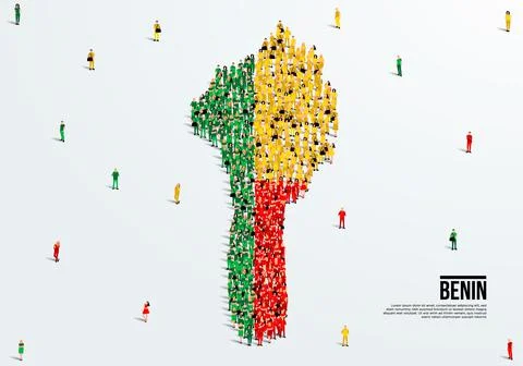 Benin Map and Flag. A large group of people in the Benin flag color. Stock Illustration