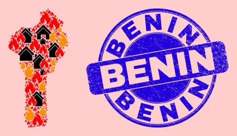 Benin Map Collage of Flame and Homes and Distress Benin Seal Stamp Ilustração Stock