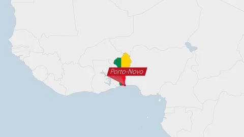 Benin map highlighted in Benin flag colors and pin of country capital Porto.. Stock Illustration