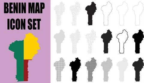 Benin map icon set featuring various designs and styles including solid col.. 库存插图