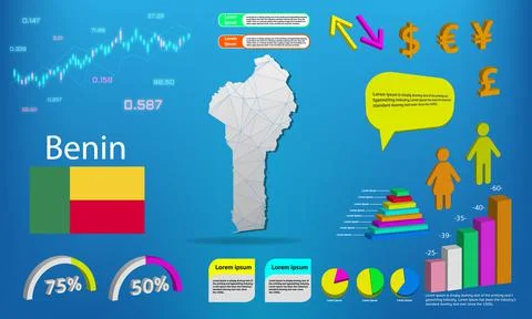 Benin map info graphics - charts, symbols, elements and icons collection. Det Stock Illustration