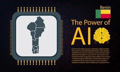 Benin map with microchip war and AI concept on circuit board, Power of AI w.. Ilustração Stock