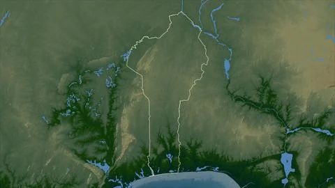 Benin outlined on a Colored elevation map with lakes and rivers Illustrazione stock