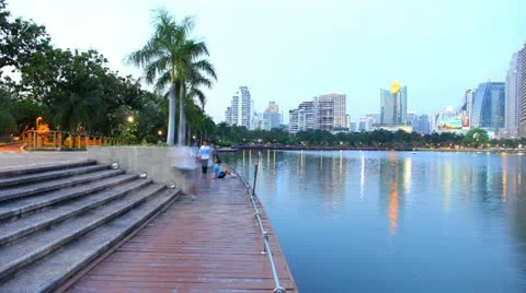 Benjakit Park and city views. Stock Footage