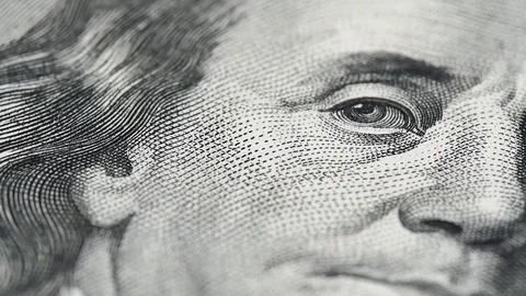 Benjamin Ben Franklin on US 100 dollar bill macro slow rotating Stock Footage 101978703