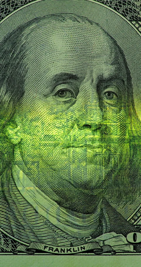 Benjamin Franklin on 100 Dollar Bill with Green Scan Video stock 345719924
