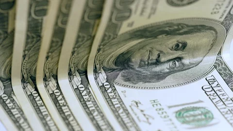 Benjamin Franklin on 100 dollar bills Stock Footage 123676017