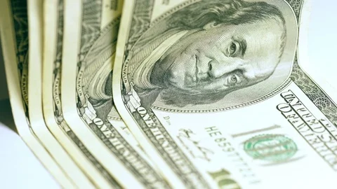 Benjamin Franklin on 100 dollar bills Stock Footage 124048575