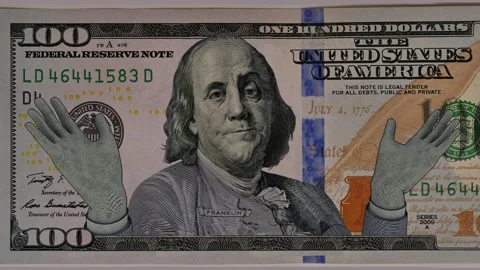 Benjamin Franklin on the banknote shows with his hands that he has no idea wh Stock Footage 156787338