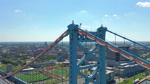 Benjamin Franklin Bridge over Delaware river Stock Footage 212983205