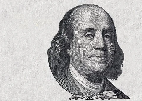 Benjamin Franklin cut on old 100 dollars banknote isolated Stock Photos