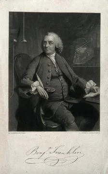 Benjamin Franklin. Engraving after M. Chamberlin, 1762. Stock Illustration