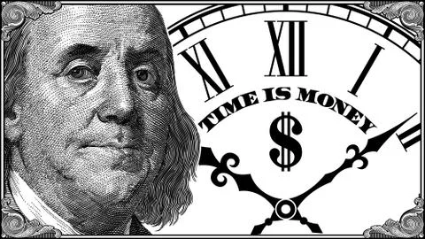 Benjamin Franklin with a frame on the background of a clock with the quote Stock Illustration