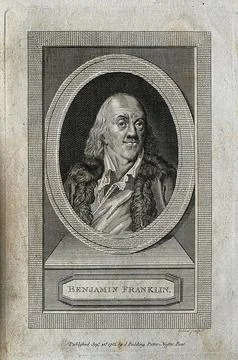 Benjamin Franklin. Line engraving by J. Goldar, 1785. Stock Illustration