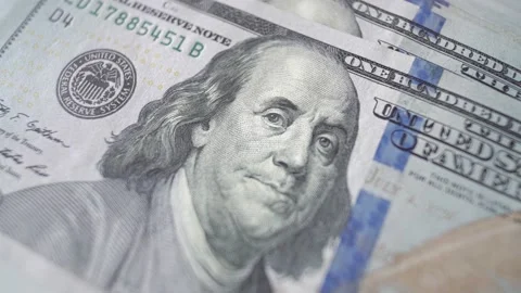 Benjamin Franklin macro Portrait On 100 Us Dollar Bill Close Up Stock Footage 175331478