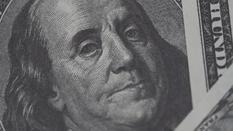 Benjamin Franklin on one hundred dollars bill slow rotating. Dollars banknote, c Stock Footage 125800393