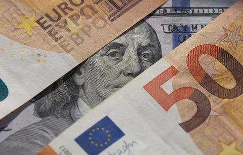 Benjamin Franklin peeking through  50 euro banknotes Stock Photos