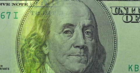 Benjamin Franklin portrait under green scan. Video stock 345719397