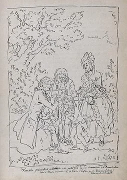 Benjamin Franklin presents his young son to Voltaire for benediction. Halfton Stock Illustration