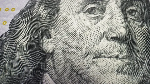 Benjamin Franklin s Face On One Hundred Dollar Notes Macro Shot 100 USA Dollars Video stock 159784561