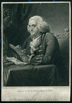 Benjamin Franklin. Stipple engraving by J. B. Longacre, 1819, after D. Mart.. Stock Illustration