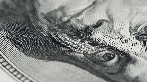 Benjamin Franklin on US 100 dollar bill extreme macro slow rotating Stock Footage 101977915