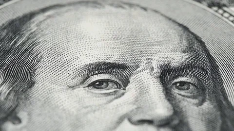 Benjamin Franklin on US 100 dollar bill macro slow rotating. Low angle shot Stock-Footage 101978050