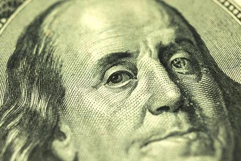 Benjamin Franklin's face on the US hundred dollar bill, macro photo Stock Photos