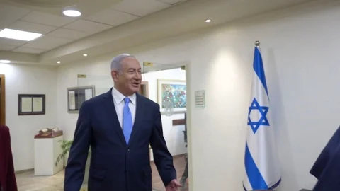 Benjamin Netanyahu shakes hands with Jared Kushner during visit Israel Video stock 91378292