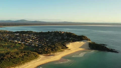 Bennetts head and sand dunes One Mile Beach in Forster coastal town 4k. Stock Footage 201585229