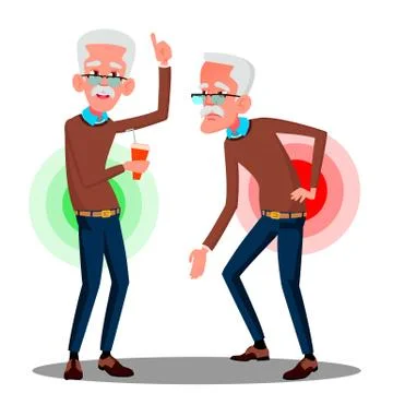 Bent Over Old Man From Back Ache, Sciatica Vector. Isolated Cartoon Illustration Stock Illustration