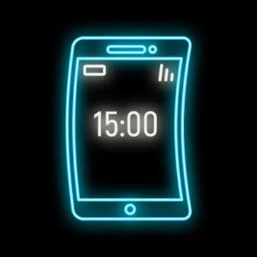 Bent smartphone displaying time with glowing neon light 스톡 일러스트