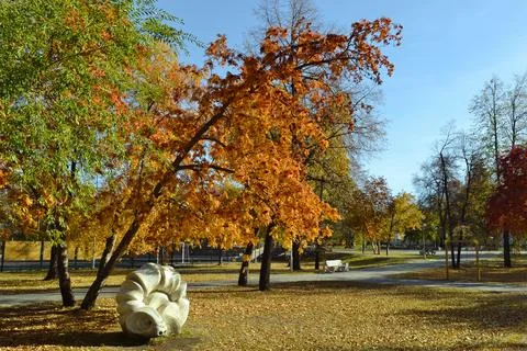 A bent tree and sculpture of a creature in an fall park. Autumn landscape Foto stock
