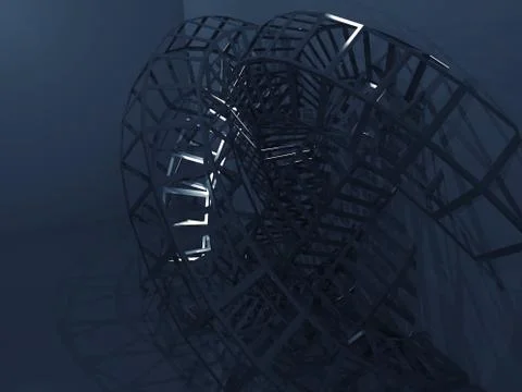 Bent wire-frame structure in dark room. 3d render 스톡 일러스트