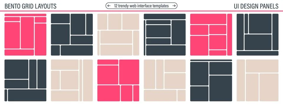 Bento grid abstract compositions with rounded tiles and bold geometric bloc.. Stock Illustration