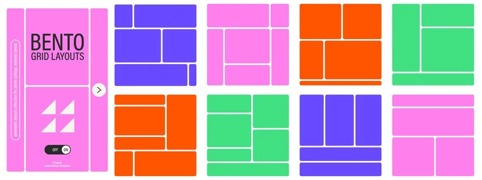 Bento grid style web layout collection. Abstract geometric tiles with round.. Stock Illustration