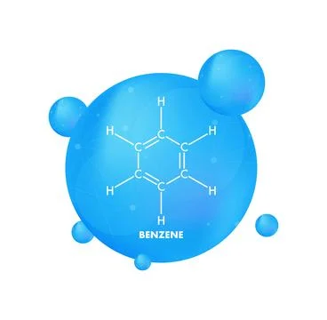 Benzene molecule structure inside blue sphere with smaller spheres floating Stock Illustration