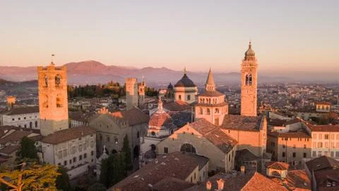 Bergamo, Italy. Drone aerial view of the Old city during the sunset Stock Photos