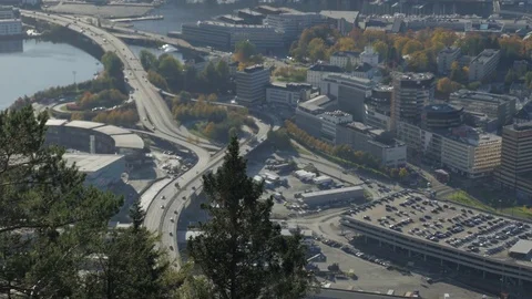 Bergen City Traffic View From Mount Fløyen Stock Footage