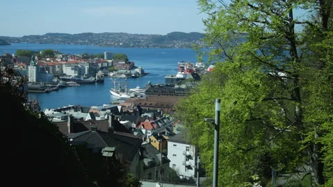 Bergen Harbor and City Rooftops Viewed from Hillside with Spring Trees and Water Stock Footage 345388387