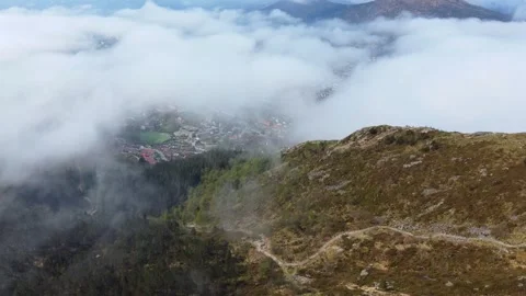 Bergen Hidden Beneath the Clouds, Ulriken Mountain - Norway 2.7K Aerial Footage Stock Footage 258290398