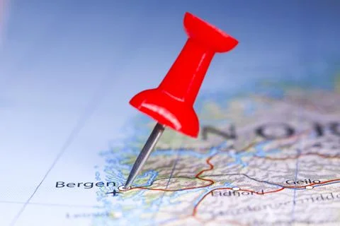 Bergen, Norway pinned on map Stock Photos